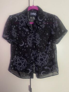 Killstar Black Sheer Celestial Button-Up Blouse with Detachable Shawl